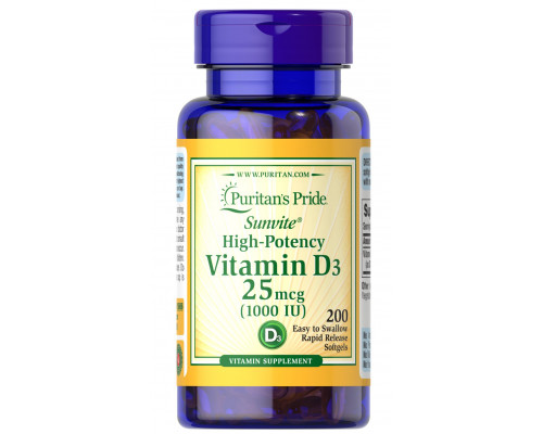 Вітамін D3, Vitamin D3, Puritan's Pride, 25 мкг (1000 МО), 200 гелевих капсул