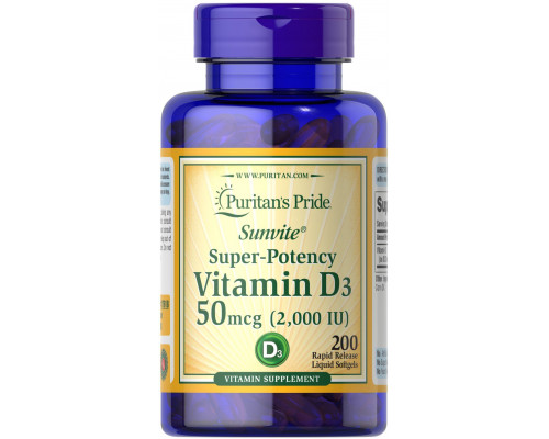 Вітамін D3, Vitamin D3, Puritan's Pride, 2000 МО, 200 капсул