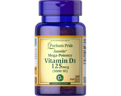 Вітамін D3, Vitamin D3, Puritan's Pride, 5000 МО, 100 гелевих капсул