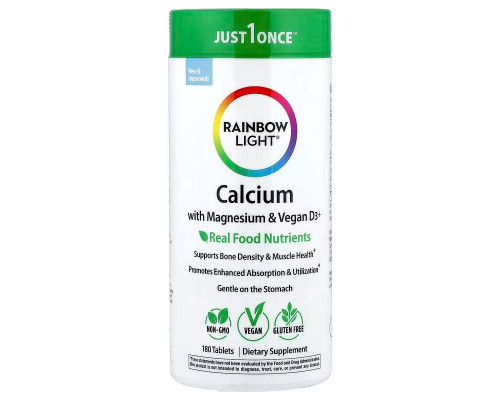 Кальцій з магнієм та веганським вітаміном D3+, Calcium with Magnesium & Vegan D3+, Rainbow Light, 2:1, 180 таблеток