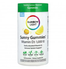 Витамин D3, Gummies Vitamin D3, Rainbow Light, лимон, 25 мкг (1000 МЕ), 100 жевательных таблеток