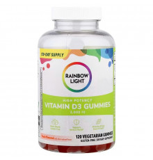 Витамин Д3, Vitamin D3, Rainbow Light, высокоэффективный, вкус персика, 2000 МЕ, 120 жевательных конфет