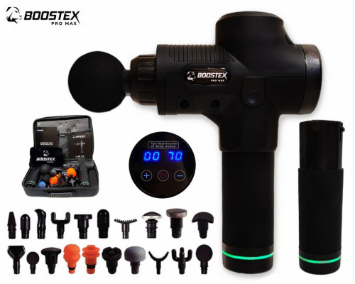 Ударний масажер Boostex PRO MAX для тригерних точок – 30 режимів, 20 насадок, запасна батарея 2500 mAh та кейс у подарунок.