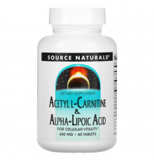 Ацетил карнитин + альфа-липоевая кислота, Acetyl L-Carnitine & Alpha Lipoic Acid, Source Naturals, 650 мг, 60 таблеток