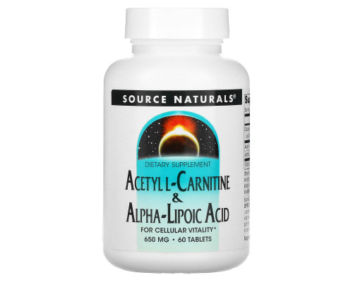 Ацетил карнітин + альфа-ліпоєва кислота, Acetyl L-Carnitine & Alpha Lipoic Acid, Source Naturals, 650 мг, 60 таблеток