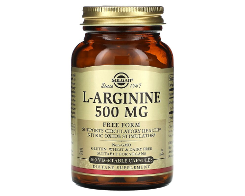 Аргінін, L-Arginine, Solgar, вільна форма, 500 мг, 100 вегетаріанських капсул