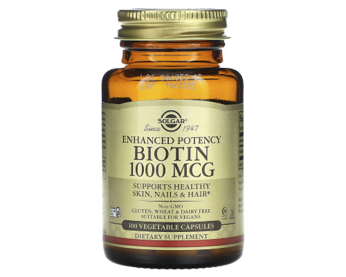 Біотин, Biotin, Solgar, 1000 мкг, повышенной эффективности, 100 вегетарианских капсул