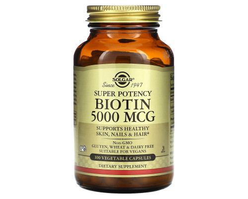 Біотин, Biotin, Solgar, 5000 мкг, 100 рослинних капсул