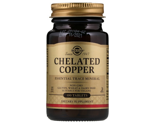 Мідь (Chelated Copper), Solgar, хелатна форма, 100 таблеток