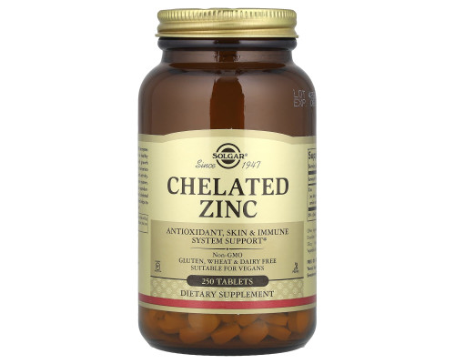 Хелат цинку, Chelated Zinc, Solgar, 250 таблеток