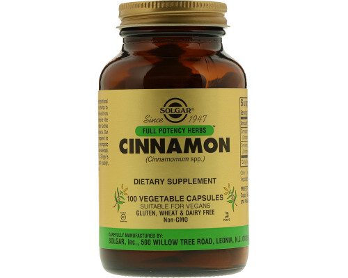Екстракт кориці, Cinnamon, Solgar, Full Potency Herbs, 100 вегетаріанських капсул