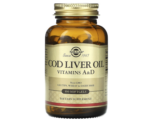 Вітамін А і D з олії печінки тріски, Cod Liver Oil, Vitamins A & D, Solgar, 100 гелевих капсул