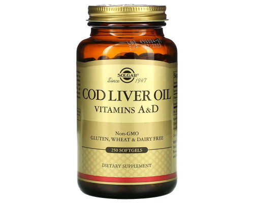 Вітамін А і D з олії печінки тріски, Cod Liver Oil, Vitamins A & D, Solgar, 250 гелевих капсул