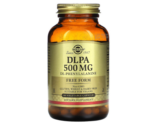 DL-Фенілаланін, DLPA, Solgar, вільна форма, 500 мг, 100 вегетаріанських капсул