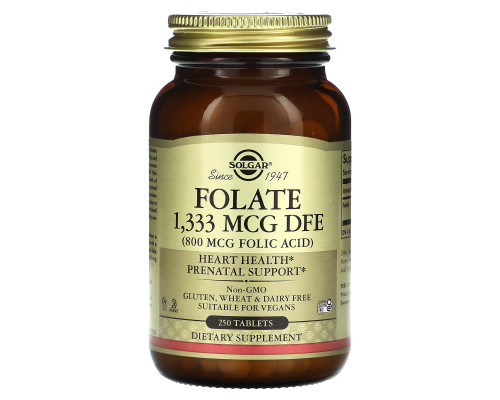 Фолат, Folate, Solgar, фолієва кислота, 1,333 мкг DFE (800 мкг), 250 таблеток