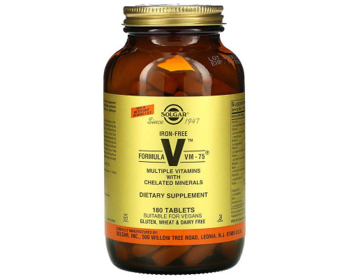 Мультивітаміни та хелатні мінерали без заліза, Formula V, VM-75, Solgar, 180 таблеток