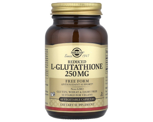 Глутатіон, L-Glutathione, Solgar, знижений, 250 мг, 60 рослинних капсул