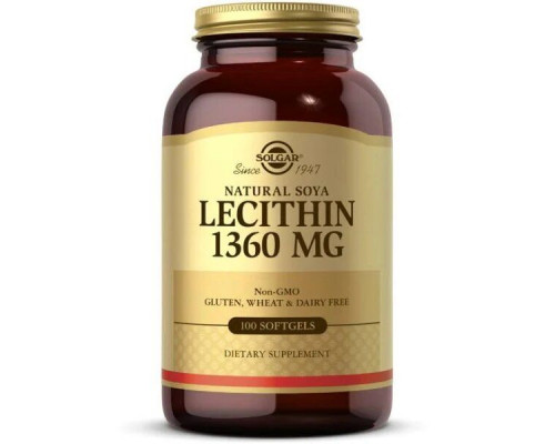 Лецитин соєвий, Soya Lecithin, Solgar, натуральний, 1360 мг, 100 гелевих капсул