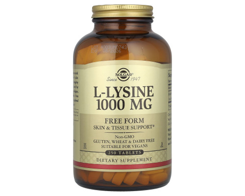 L-лізин, L-Lysine, Solgar, вільна форма, 1000 мг, 250 таблеток
