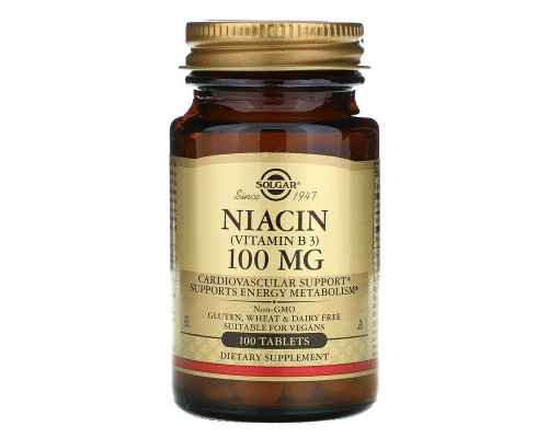 Вітамін В3 (ніацин), Niacin (Vitamin B3), Solgar, 100 мг, 100 таблеток