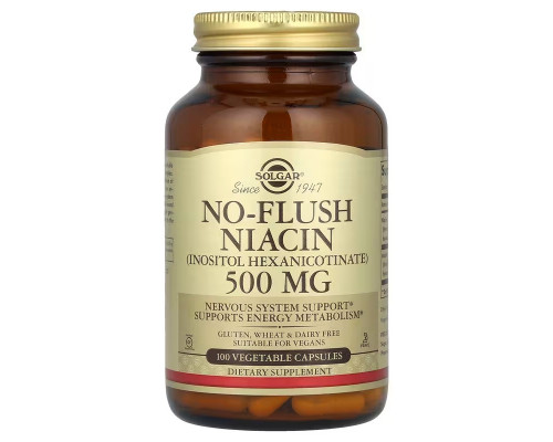 Ніацин, No-Flush Niacin, Solgar, не викликає почервоніння, 500 мг, 100 капсул