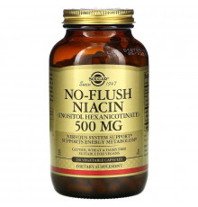 Ніацин, No-Flush Niacin, Solgar, не викликаючий почервоніння, 500 мг, 250 вегетаріанських капсул