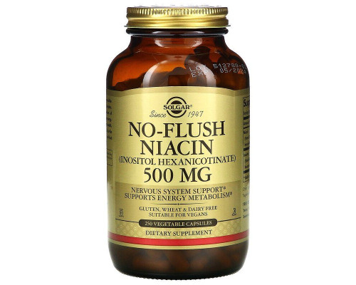 Ніацин, No-Flush Niacin, Solgar, не викликаючий почервоніння, 500 мг, 250 вегетаріанських капсул