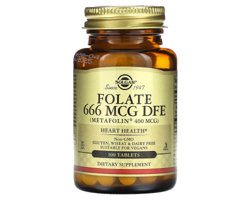 Фолат, Folate, Solgar, фолієва кислота у формі метилфолату, 666 мкг ДФЕ, 100 таблеток