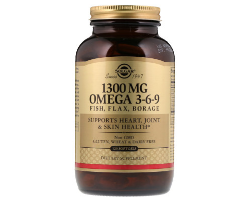 Омега 3-6-9, Omega 3-6-9, Solgar, 1300 мг, 120 гелевих капсул
