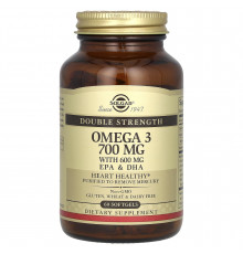 Омега-3, риб'ячий жир, Omega-3, EPA & DHA, Solgar, подвійна сила, 700 мг, 60 гелевих капсул