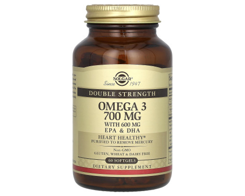 Омега-3, риб'ячий жир, Omega-3, EPA & DHA, Solgar, подвійна сила, 700 мг, 60 гелевих капсул