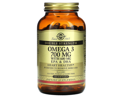 Омега-3, риб'ячий жир, Omega-3, EPA & DHA, Solgar, подвійна сила, 700 мг, 120 гелевих капсул
