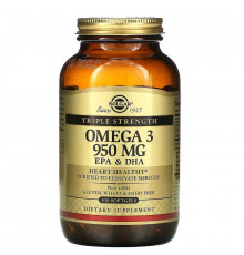 Омега-3, риб'ячий жир, Omega-3, EPA & DHA, Solgar, потрійна сила, 950 мг, 100 гелевих капсул
