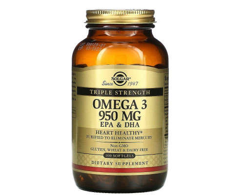Омега-3, риб'ячий жир, Omega-3, EPA & DHA, Solgar, потрійна сила, 950 мг, 100 гелевих капсул