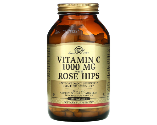 Вітамін С з шипшиною, Vitamin C with Rose Hips, Solgar, 1000 мг, 250 таблеток