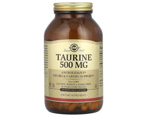 Таурін, Taurine, Solgar, 500 мг, 250 вегетаріанських капсул