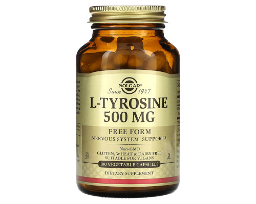 Тирозин, L-Tyrosine, Solgar, 500 мг, 100 вегетаріанських капсул