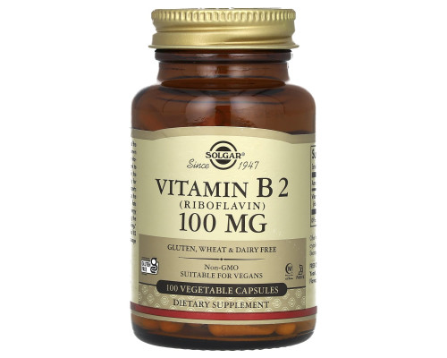 Рибофлавін (вітамін В2), Vitamin B2, Solgar, 100 мг, 100 вегетаріанських капсул
