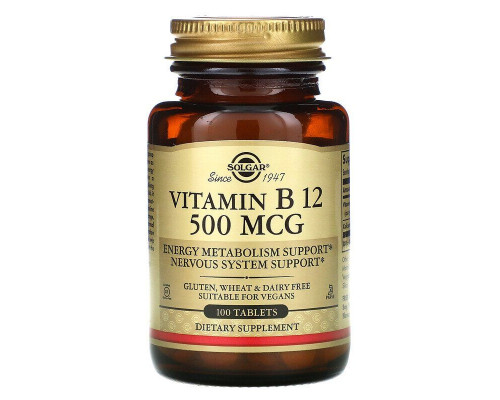 Вітамін В12 (ціанокобаламін), Vitamin B12, Solgar, 500 мкг, 100 таблеток
