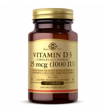 Витамин D3 (холекальциферол), Vitamin D3, Solgar, 25 мкг (1000 МЕ), 90 таблеток