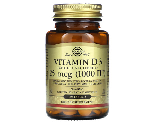 Вітамін D3 (холекальциферол), Vitamin D3, Solgar, 25 мкг (1000 МО), 180 таблеток