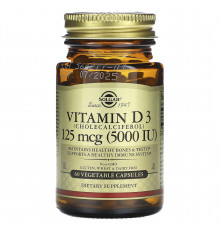 Витамин D3, Vitamin D3, Solgar, 125 мкг (5000 МЕ), 60 вегетарианских капсул