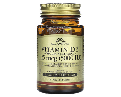 Вітамін D3 (холекальциферол), Vitamin D3, Solgar, 125 мкг (5000 МО), 60 вегетаріанських капсул