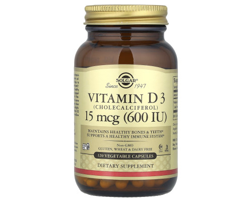 Вітамін D3 (холекальциферол), Vitamin D3, Solgar, 15 мкг (600 МЕ), 120 вегетаріанських капсул
