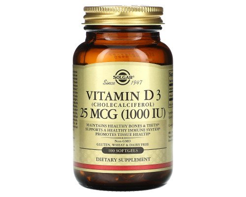 Вітамін D3 (холекальциферол), Vitamin D3, Solgar, 25 мкг (1000 МО), 100 гелевих капсул