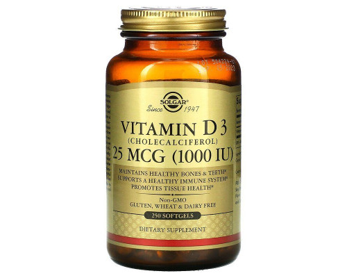 Вітамін D3 (холекальциферол), Vitamin D3, Solgar, 25 мкг (1000 МО), 250 гелевих капсул