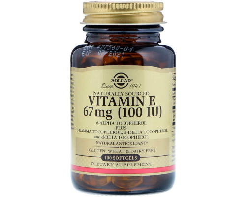 Вітамін Е, Vitamin E, Solgar, натуральний, 67 мг (100 МО), 100 гелевих капсул