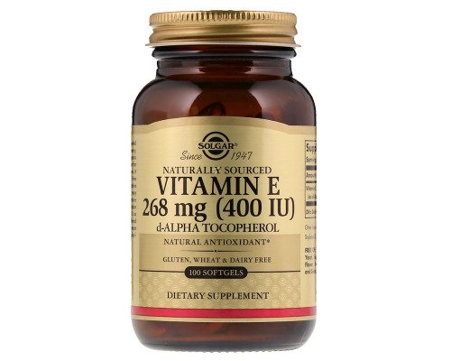Вітамін Е (d-альфа-токоферол), Vitamin E, Solgar, натуральний, 268 мг (400 МО), 100 гелевих капсул