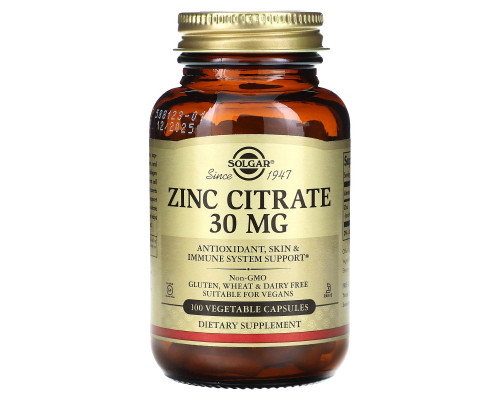 Цитрат цинку, Zinc Citrate, Solgar, 30 мг, 100 капсул