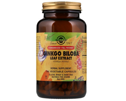 Гінкго Білоба, Ginkgo Biloba, Solgar, екстракт листя, 180 вегетаріанських капсул